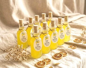 Botellas de limoncello + etiquetas, botellas de vidrio con corcho de 100 ml para recuerdos de boda y despedida de soltera.