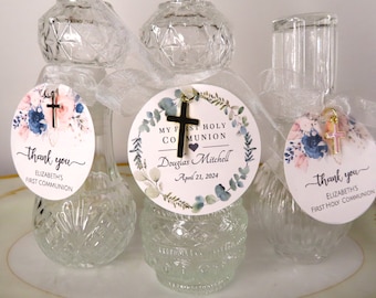 Holy Water Bottles + Tags 2oz Cross Charms Bautizo Tags First Communion Baptism Tags Comunion Tags Christening Favor First Communion Tags