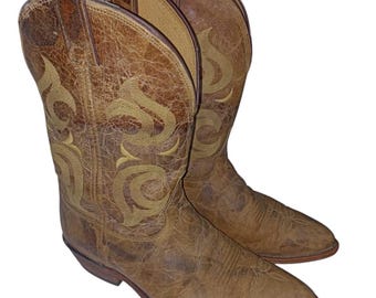 Vintage 1980s Justin Bullhide Cowboy Boots Made in USA Men's Size 11 EE Wide Shrunk Shoulder Leather Western Rodeo
