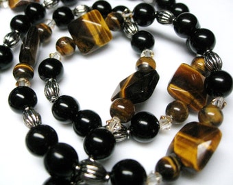 Tiger Eye Necklace free domestic shipping girls or women long black bead necklaces gift for her Birthday gemstone necklace Swarovski crystal