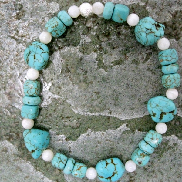 Turquoise Bracelet howlite nuggets mother of pearl stone beadwork stretch unisex