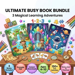 May include: A digital bundle featuring three spiral-bound busy books titled ULTIMATE BUSY BOOK BUNDLE 3 Magical Learning Adventures. The books display illustrations of a jungle explorer, a crystal cave, and space exploration with an astronaut.