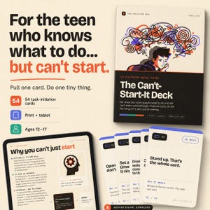 Puede incluir: El mazo The Can't-Start-It Deck incluye 54 tarjetas de iniciación de tareas para edades de 12 a 17 años. El set presenta una caja con el gráfico de una persona con la mente saturada, además de tarjetas individuales con instrucciones y una tableta.