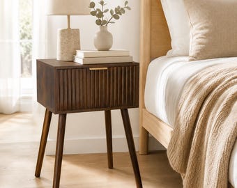 Mid Century Modern Nightstand with Drawer, Rattan & Fluted Bedside Table, Small End Table for Bedroom Living Room