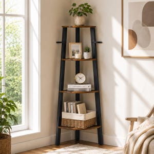 Corner Ladder Shelf, 4 Tier Corner Bookshelf, Rustic Brown Plant Stand, Small Space Storage Shelf for Living Room Bedroom