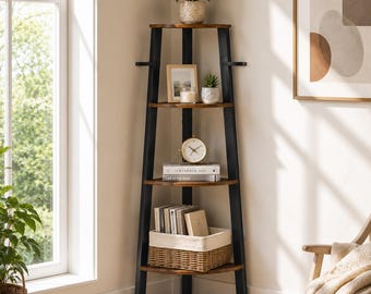 Corner Ladder Shelf, 4 Tier Corner Bookshelf, Rustic Brown Plant Stand, Small Space Storage Shelf for Living Room Bedroom
