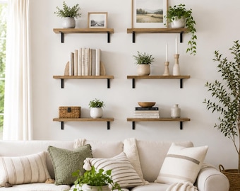 Set of 6 Floating Wall Shelves, Rustic Wood Wall Mounted Shelves for Bathroom, Bedroom, Living Room Storage & Home Decor