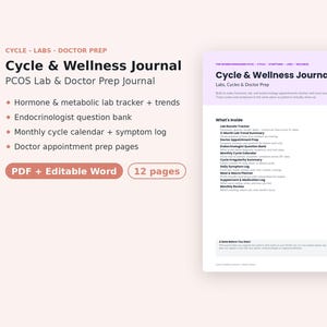 May include: A 12-page Cycle & Wellness Journal in PDF and editable Word formats. The document includes a hormone and metabolic lab tracker, endocrinologist question bank, monthly cycle calendar, symptom log, and doctor appointment prep pages.