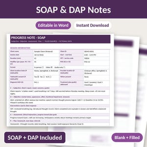 Vorlage für Therapieverlaufsdokumentationen | SOAP- und DAP-Dokumentation | Bearbeitbares Word-Dokument und ausfüllbares PDF | Therapiesitzungsnotiz | Felder für Teletherapie