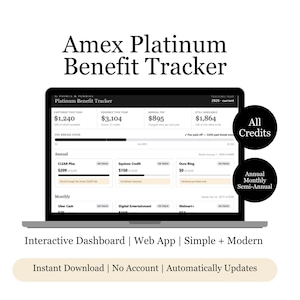 Op de afbeelding: Een digitaal Amex Platinum Benefit Tracker dashboard weergegeven op een laptopscherm. De interface toont financiële gegevens, jaarlijkse kosten en credit-trackingcategorieën zoals CLEAR Plus, Equinox en Oura Ring. Tekst bevat All Credits, Annual, Monthly, Semi-Annual en Instant Download.