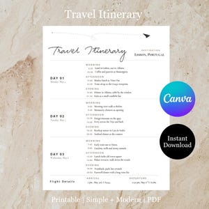 May include: A white travel itinerary template for Lisbon, Portugal, featuring a three-day schedule with morning, afternoon, and evening sections, flight details, a paper airplane graphic, and circular badges labelled Canva and Instant Download.