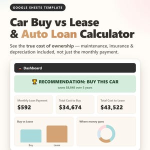 May include: A Google Sheets template titled Car Buy vs Lease & Auto Loan Calculator. It displays a dashboard with a recommendation to buy a car, showing a monthly payment of $592, a total cost to buy of $34,674, and a total cost to lease of $43,522.