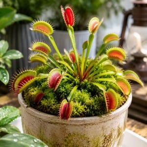 May include: A Venus flytrap plant with multiple green and red hinged leaves featuring spiky cilia edges, planted in a textured, light-colored ceramic pot filled with vibrant green moss. The plant displays several open traps and stems.