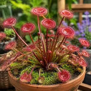 May include: A Drosera rotundifolia sundew plant with numerous circular, vibrant red leaves covered in sticky, hair-like tentacles. The plant grows in a terracotta pot filled with green moss, featuring multiple long, slender stems extending upward.