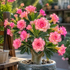 May include: A desert rose plant with a thick, succulent trunk and dark green leaves, potted in a gray ceramic container. The plant features numerous multi-layered, ruffled flowers in shades of vibrant pink and soft white, blooming in clusters.