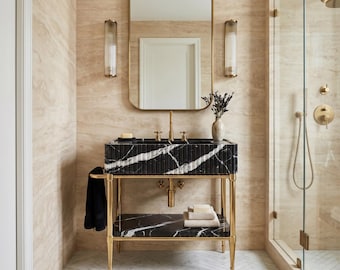 Luxury Nero Marquina Marble Sink Bathroom Vanity with Brass Console Legs | Handmade Black Stone Sink | Modern Powder Room Vanity