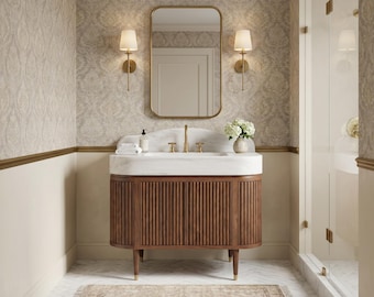 May include: A bathroom vanity featuring a white marble countertop with an integrated sink, gold faucet, and a fluted dark wood cabinet base with four tapered legs. Above the vanity is a rectangular mirror flanked by two wall-mounted sconces.