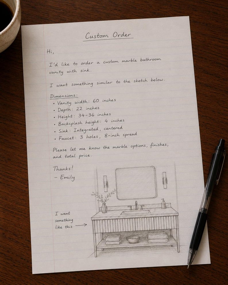 May include: A white sheet of lined paper with the handwritten text Custom Order, detailing a request for a 60-inch wide marble bathroom vanity with an integrated sink, 22-inch depth, and 34-36 inch height, accompanied by a pencil sketch of the vanity.