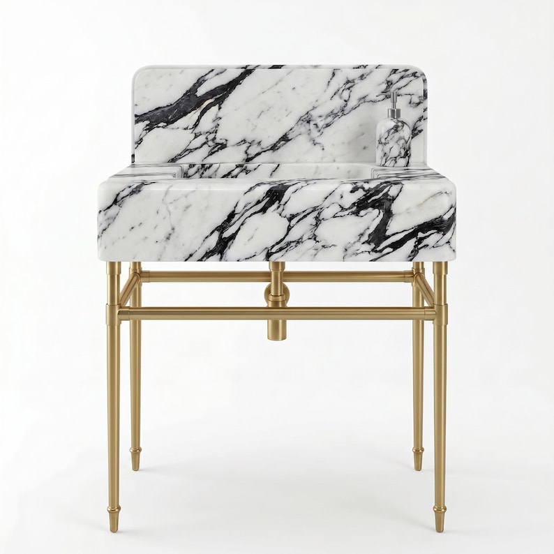 Studio presentation of a handcrafted Calacatta Lilac marble bathroom vanity sink featuring premium natural marble with dramatic gray and charcoal veining, seamless integrated basin, polished backsplash, brushed brass console stand, and artisan craftsmanship designed for luxury residential bathrooms, interior designers, architects, and custom vanity installations.