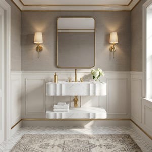 May include: A wall-mounted white marble vanity with a double-tier design, featuring a gold faucet and hardware. Above the vanity is a rectangular gold-framed mirror flanked by two gold wall sconces with white shades, set against paneled walls.