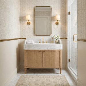 May include: A bathroom vanity with a light wood cabinet, a white marble countertop, and a gold faucet. Above the vanity is a rectangular mirror flanked by two gold wall sconces. A small vase with white flowers sits on the marble surface.