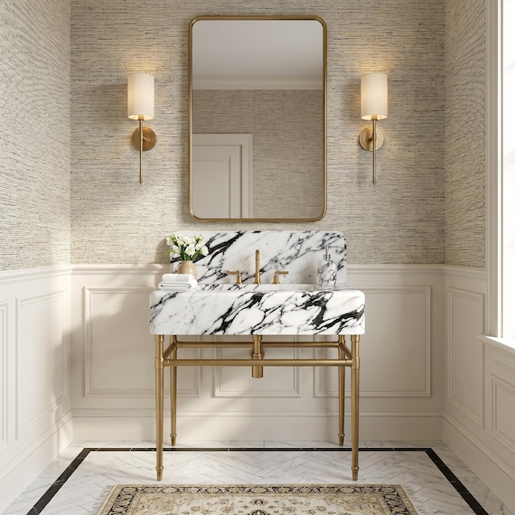 Calacatta Marble Vanity Sink with Brass Console Legs, Hand Carved Fluted Marble Sink, Luxury Bathroom Vanity, Custom Stone Washbasin