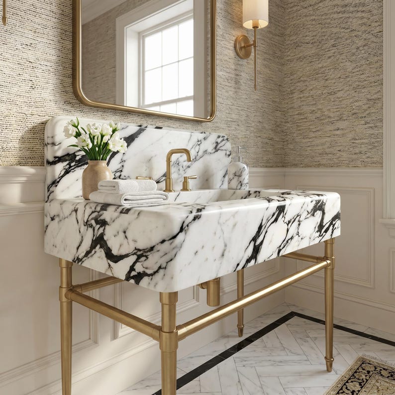 Handcrafted Calacatta Lilac marble bathroom vanity sink with bold natural gray and charcoal veining, seamless integrated marble basin, premium brushed brass console frame, matching marble backsplash, and luxury designer bathroom décor, creating an elegant focal point for upscale residential bathrooms, custom renovations, and boutique hospitality interiors.