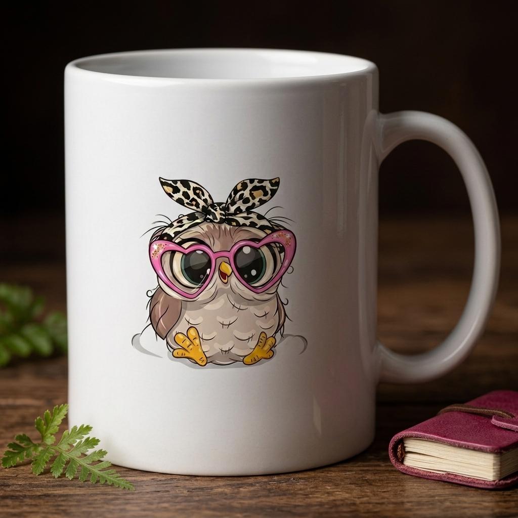 Cute Owl Mug with Heart Glasses | Leopard Print Bow Ceramic Coffee Cup | Animal Lover Gift | Teacher