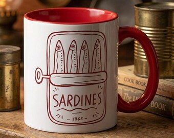Sardines Ceramic Coffee Mug | Retro Seafood Lover Gift | Quirky Kitchen Decor Tea Cup | Fun Foodie Illustration Mug | 11oz Red Mug