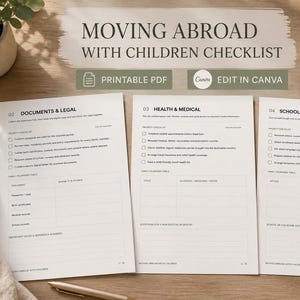 May include: Three white paper sheets featuring a Moving Abroad With Children Checklist, with sections for Documents & Legal, Health & Medical, and School & Childcare. The pages include checkboxes and tables for planning, with printable and edit options.