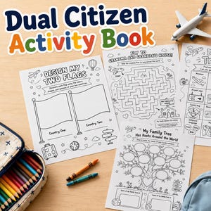 Pode incluir: Um livro de atividades Dual Citizen com quatro folhas impressas a preto e branco sobre viagens, árvores genealógicas e design de bandeiras. O conjunto inclui um pequeno avião de brincar, um globo, um estojo com lápis e um passaporte.