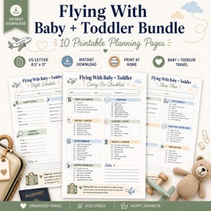 May include: A digital bundle of 10 printable planning pages titled Flying With Baby + Toddler Bundle, featuring a flight schedule, carry-on checklist, and sleep plan. The pages are formatted for 8.5 x 11 inch US letter paper for home printing.