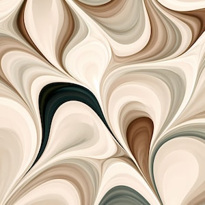 Puede incluir: Un patrón abstracto con formas fluidas y arremolinadas en tonos crema, beige, marrón oscuro y verde salvia suave. El diseño consiste en curvas orgánicas alargadas que se superponen, creando una apariencia suave y similar a un líquido.