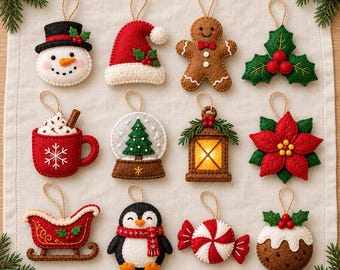 手作りのフェルト製クリスマスオーナメントセット、雪だるま、ジンジャーブレッドペンギン、サンタ帽、素朴なクリスマスツリーの飾り、かわいいクリスマスプレゼント