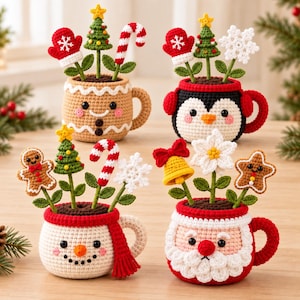 May include: Four crocheted mugs featuring festive characters including a gingerbread person, a penguin, a snowman, and Santa Claus. Each mug contains small crocheted holiday decorations like Christmas trees, candy canes, mittens, and snowflakes.