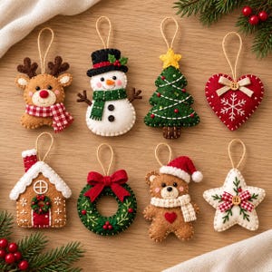 Peut inclure: Un ensemble de huit décorations de Noël en feutrine comprenant un renne avec une écharpe à carreaux, un bonhomme de neige, un sapin vert avec une étoile jaune, un cœur rouge avec un flocon, une maison, une couronne, un ours et une étoile.