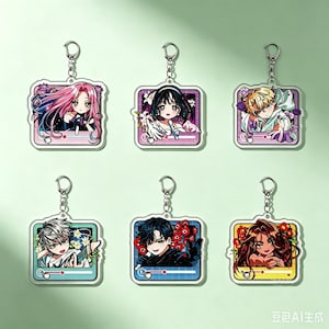 May include: Six square acrylic keychains featuring anime-style character illustrations framed within a digital interface design. Each charm includes a silver-toned metal lobster clasp and displays a unique character with vibrant hair colors and floral accents.
