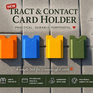 May include: Four rectangular card holders in orange, blue, yellow, and olive green. Text reads: NEW TRACT & CONTACT CARD HOLDER, PRACTICAL. DURABLE. PURPOSEFUL., A simple tool for a meaningful work. Icons indicate capacity for 22 tracts and 10 contact cards.