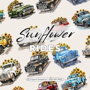 Bundle de clipart camion vintage & tournesol - aquarelle camions avec fleurs PNG, sublimation de ferme de tournesol, fichiers Clipart gobelet