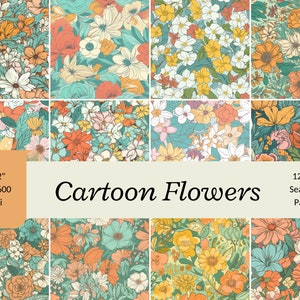 Papel digital con estampado floral de dibujos animados, divertido patrón floral sin costuras (descarga digital)