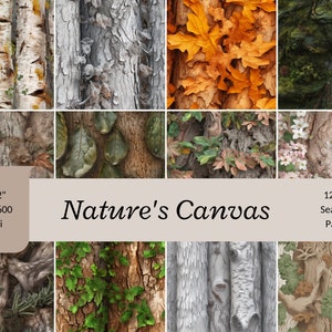 Natuur canvas digitaal papier, realistische boomschors en bladeren naadloze patroon voor briefpapier en scrapbooking, Instant Download afdrukbare kunst