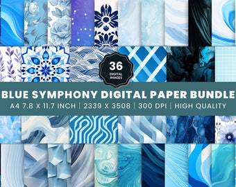 Blaue Symphonie Digital Art Collection, 36 hochauflösende JPGs, vielseitiges A4 druckbares digitales Papier, druckbares blaues Papier