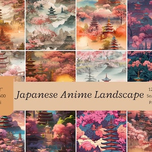 Japanese Landscape Digital Paper | Anime Cherry Blossom Seamless Pattern | Scrapbook & Craft Backgrounds | Instant Download