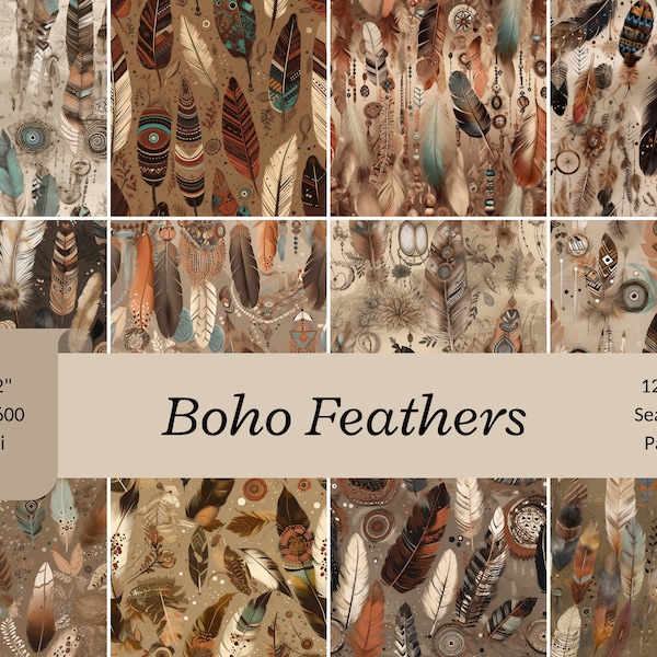 Boho Feather Digital Paper, Earthy Tribal Patterns, Seamless Beads & Feathers Background, Bohemian Scrapbooking Design, Nature Inspired Art