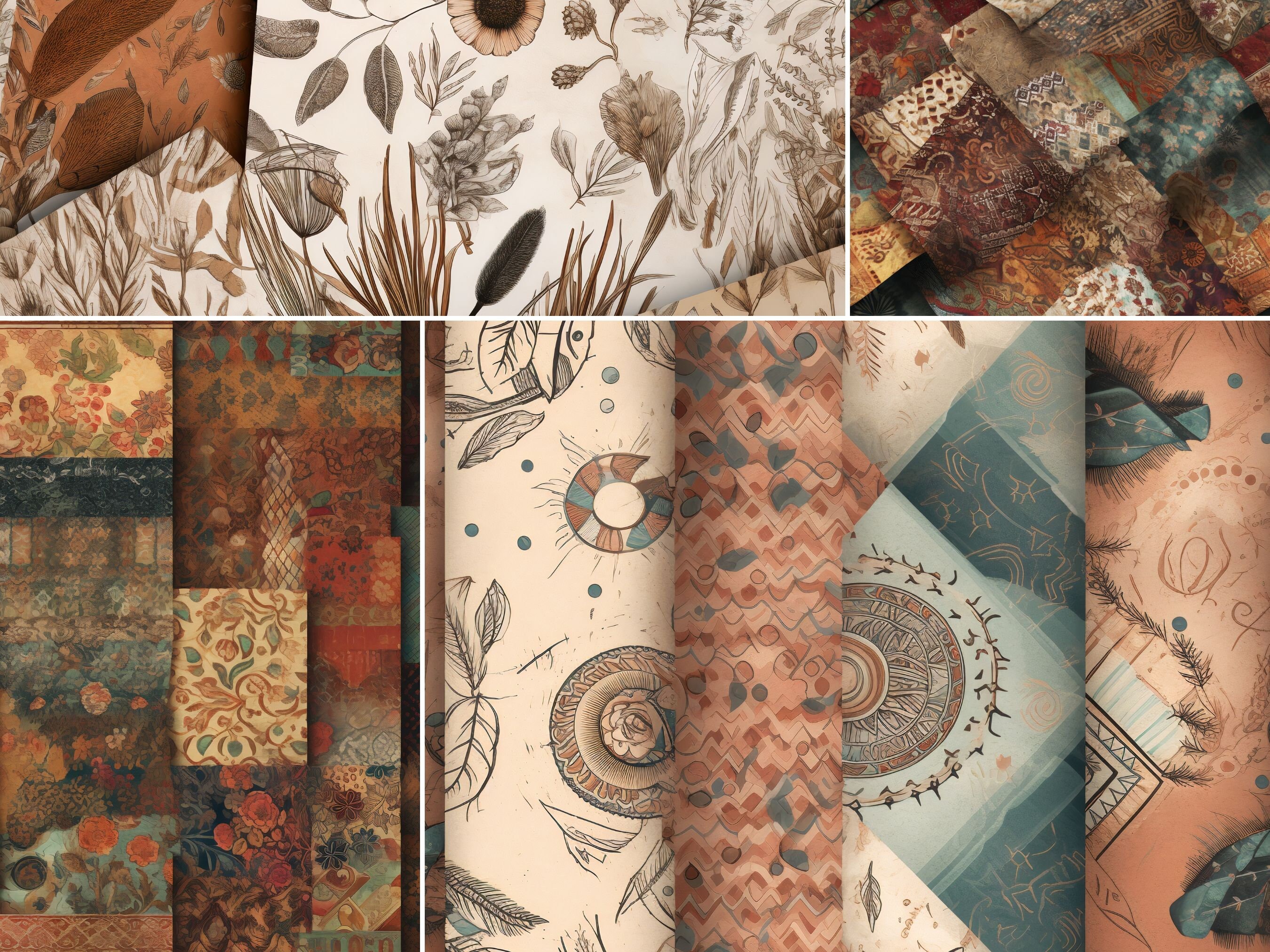 Boho Stacked Pattern Sheets Digital Paper, Earthy Tones, Natural ...