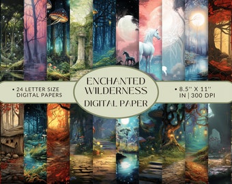 Verzauberte Wildnis Wandkunst - Mystische Fantasie Landschaft Digitales Papier - Druckbares Scrapbooking für Naturliebhaber und Fantasy Fans