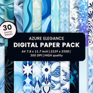 Azuurblauwe elegantie, chique digitale kunstset, 30 A4 JPG-bestanden met hoge resolutie, moderne afdrukbare ontwerpen, blauw digitaal papier