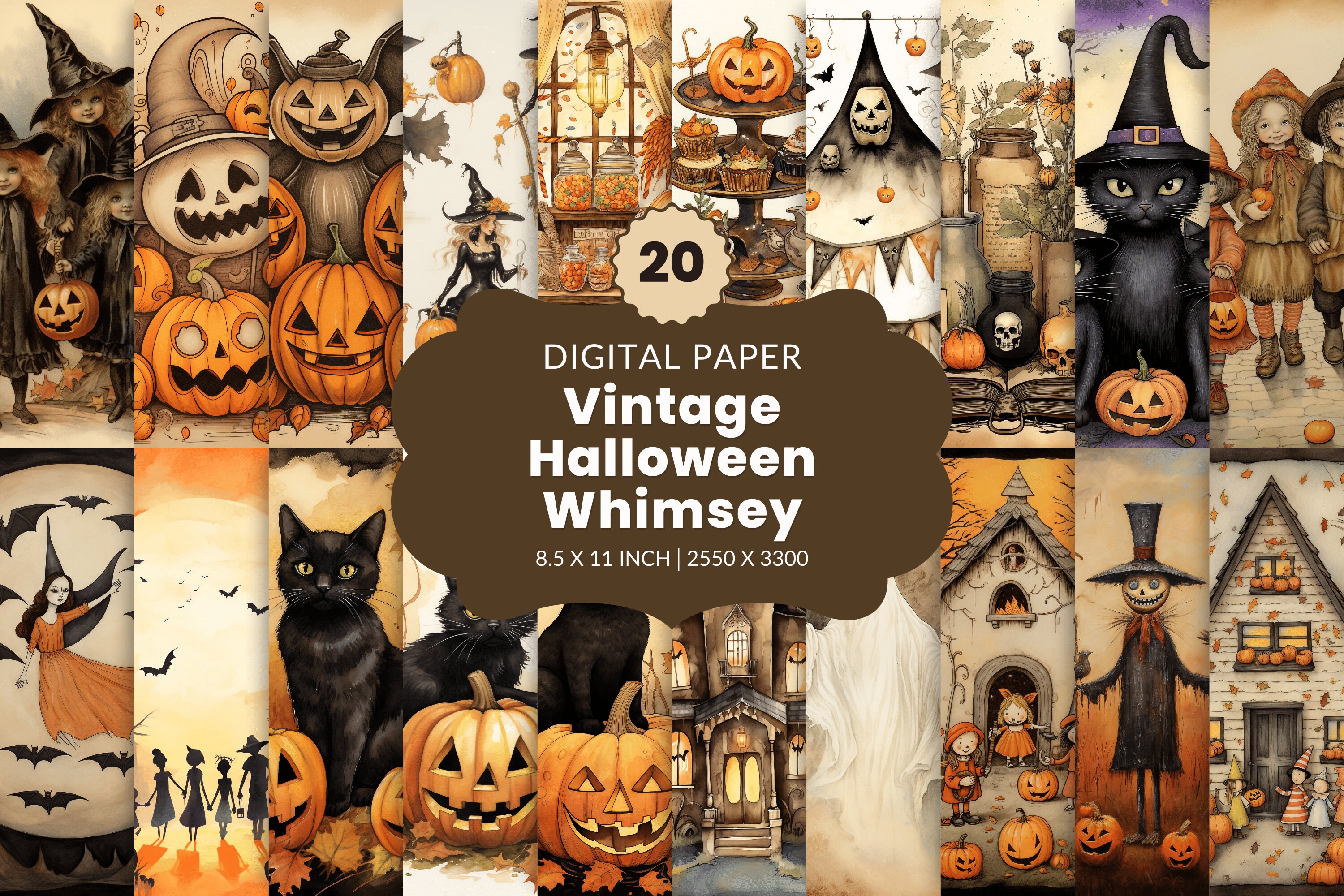 Vintage Halloween Whimsy Digitale Seiten - 20 Retro druckbare Blätter für Scrapbooking, sofortiger Download