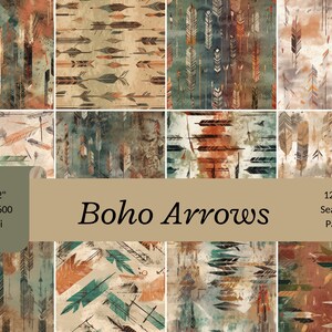 May include: Twelve digital papers featuring a boho style pattern of arrows and feathers in shades of brown, teal, and orange. The papers are 12 inches by 12 inches and 300 dpi.