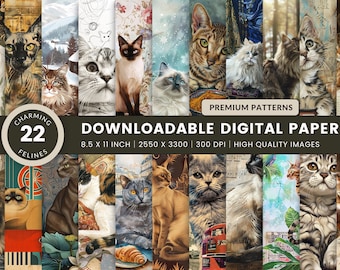 22 Katzen Digital Papiere Bundle - Printable Junk Journal Kit, hochauflösende 300 DPI, Crafting & Scrapbooking Blätter, Geschenk für Katzenliebhaber